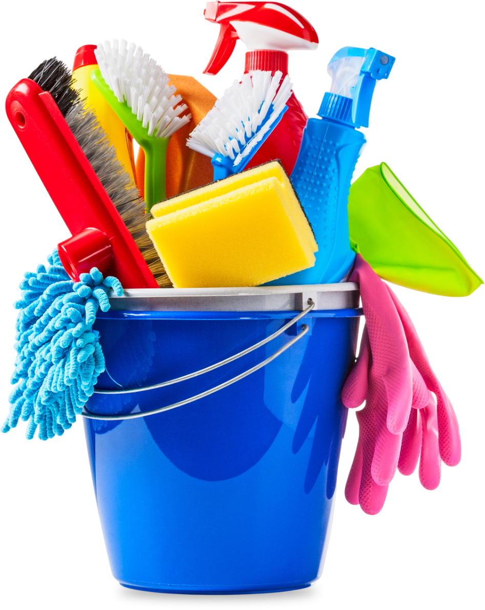 A blue bucket filled with cleaning supplies on a white background A blue bucket filled with cleaning supplies on a white background