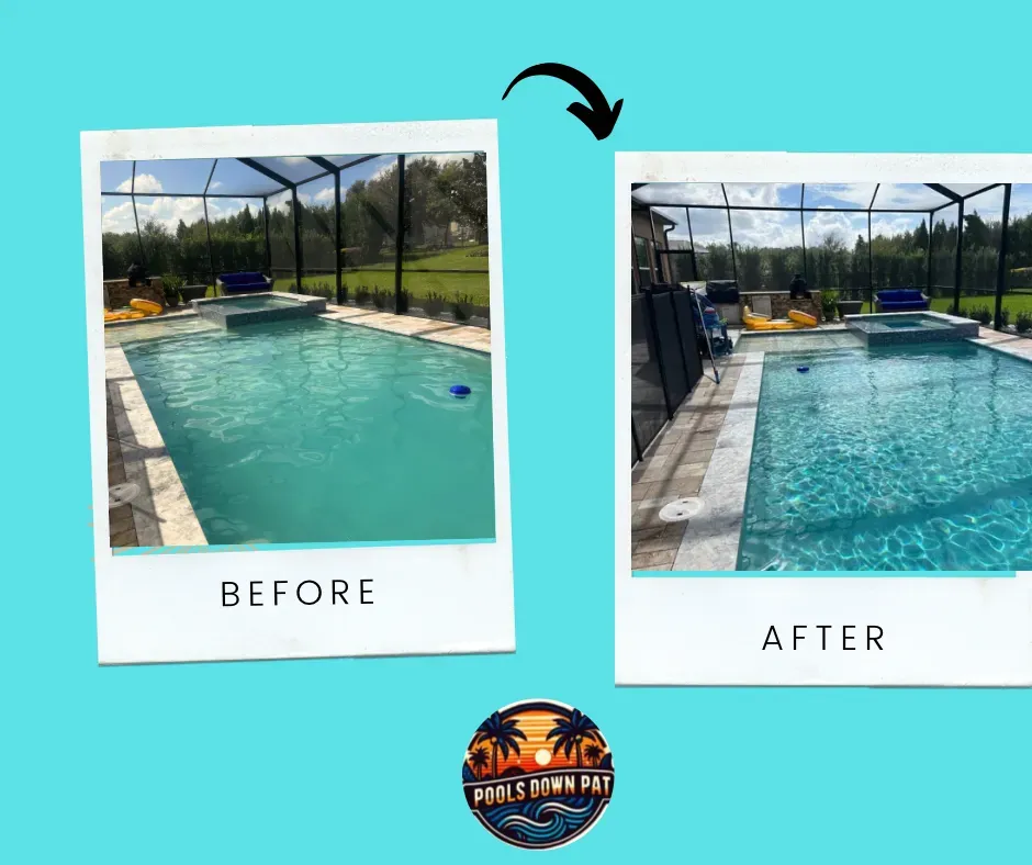 Pool water cleaning before and after, showing a significant change in clarity.