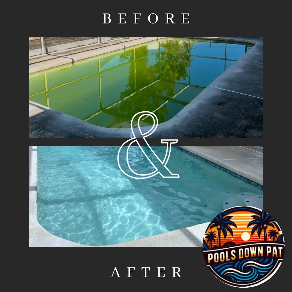 Pool water transformed from green to clear blue, before and after a cleaning.