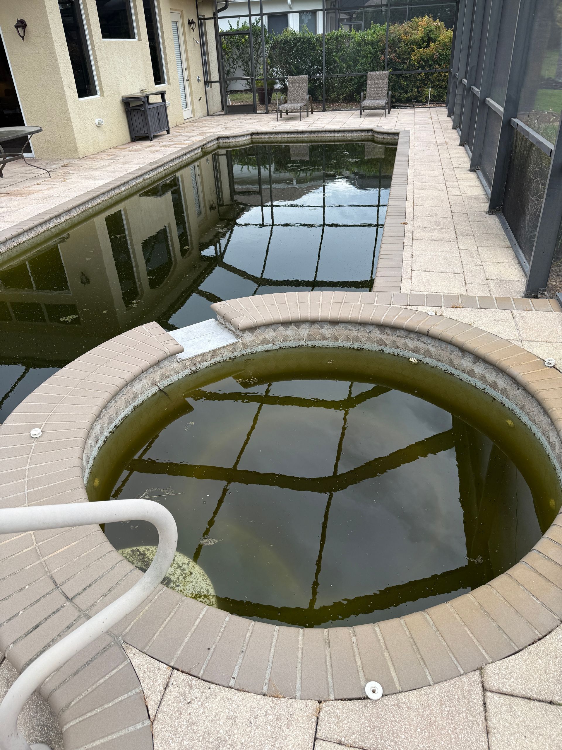 A large blue swimming pool with a wooden fence surrounding it