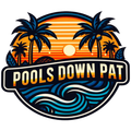 Logo with palm trees, sunset, and ocean waves; text reads 