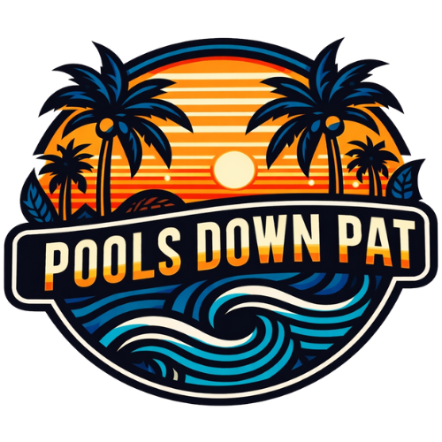 Logo with a sunset scene, palm trees, and ocean waves. Text: Pools Down Pat.