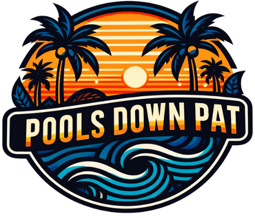 Logo: Sunset over ocean with palm trees; text 