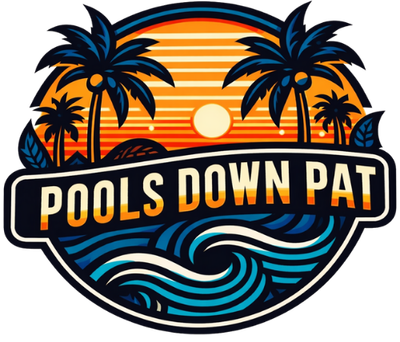 Logo: Sunset over ocean with palm trees; text 