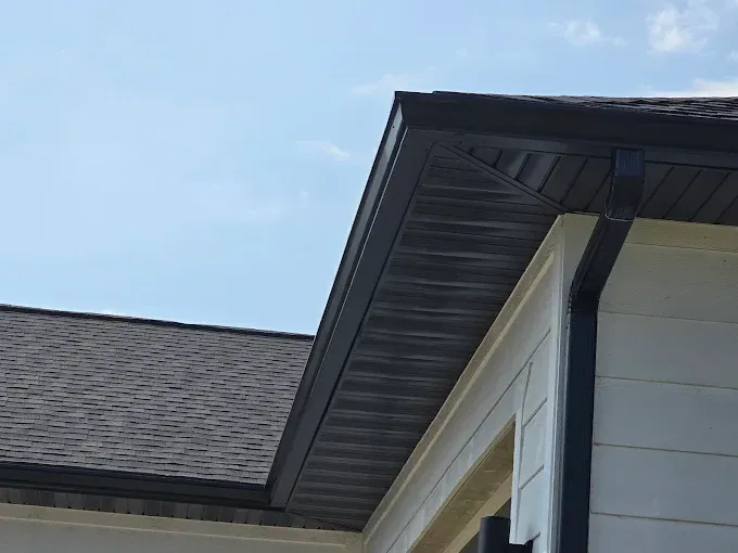 Dark gray roof corner, black gutters, and white siding against a blue sky.