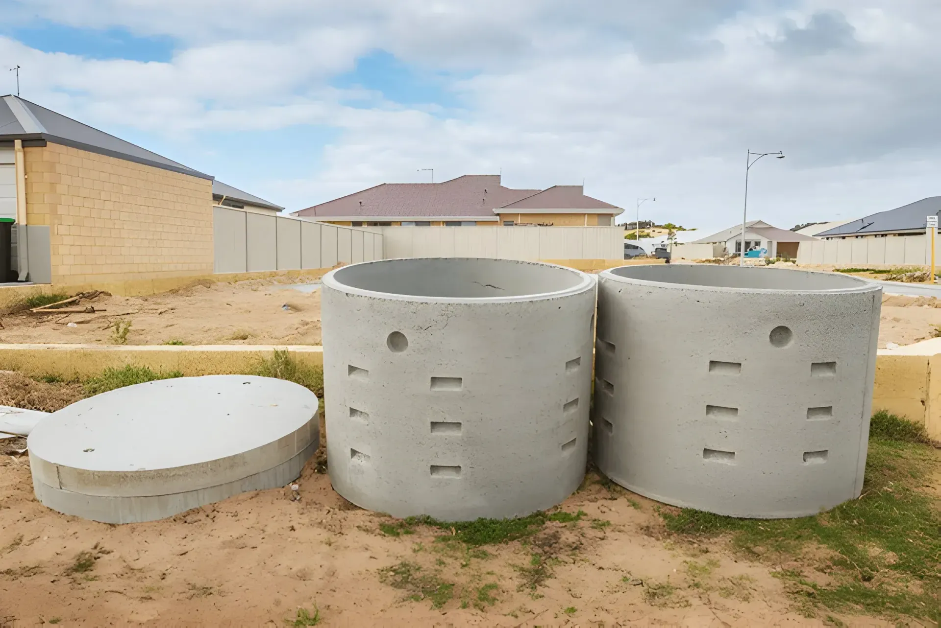 A couple of concrete rings sitting on top of a dirt field.