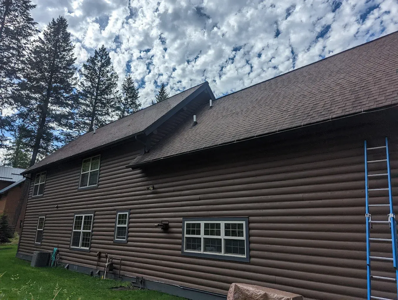 Brown log-sided building with dark brown shingle roof, blue ladder, and cloudy sky.