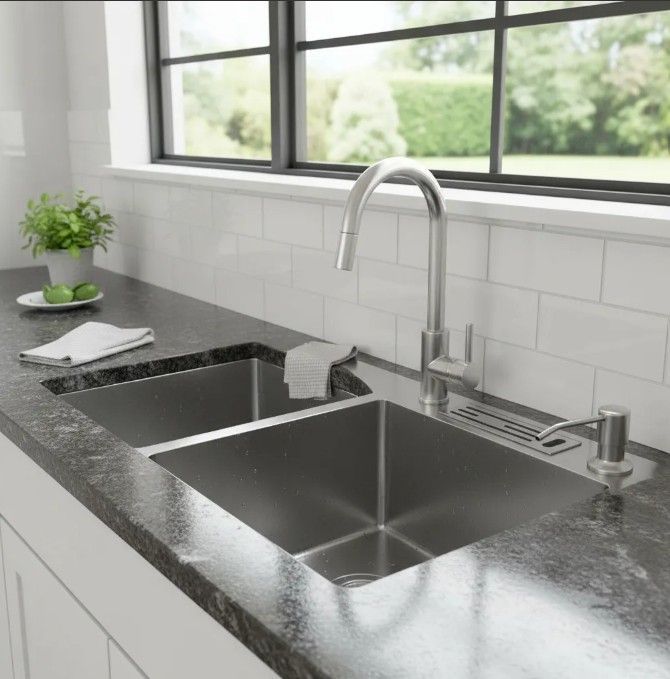 Fregadero de cocina de acero inoxidable con grifo, dispensador de jabón y ventana al fondo.