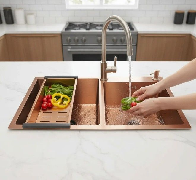 Fregadero de cobre con grifo en una cocina moderna. Cuenta con ventana, repisa y encimeras de color claro.