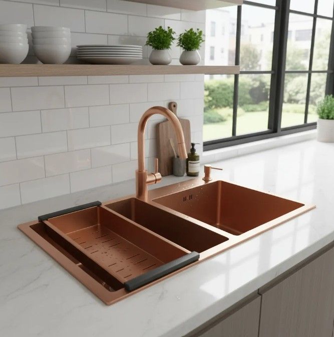 Fregadero de cocina negro con grifo alto y funciones integradas.