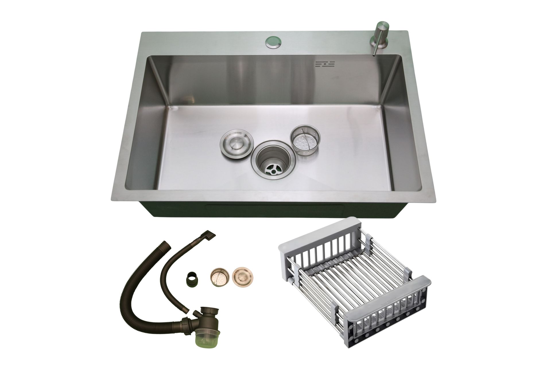 Fregadero de cocina de acero inoxidable con desagüe, piezas de fontanería y rejilla incluidos, sobre fondo blanco.