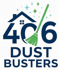 Logo for "406 Dust Busters": Blue house, numbers "406", green broom, sparkles, and navy text.