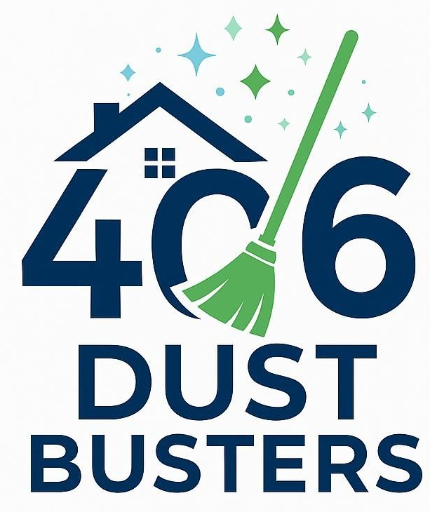 Logo for "406 Dust Busters": Blue house, numbers "406", green broom, sparkles, and navy text.