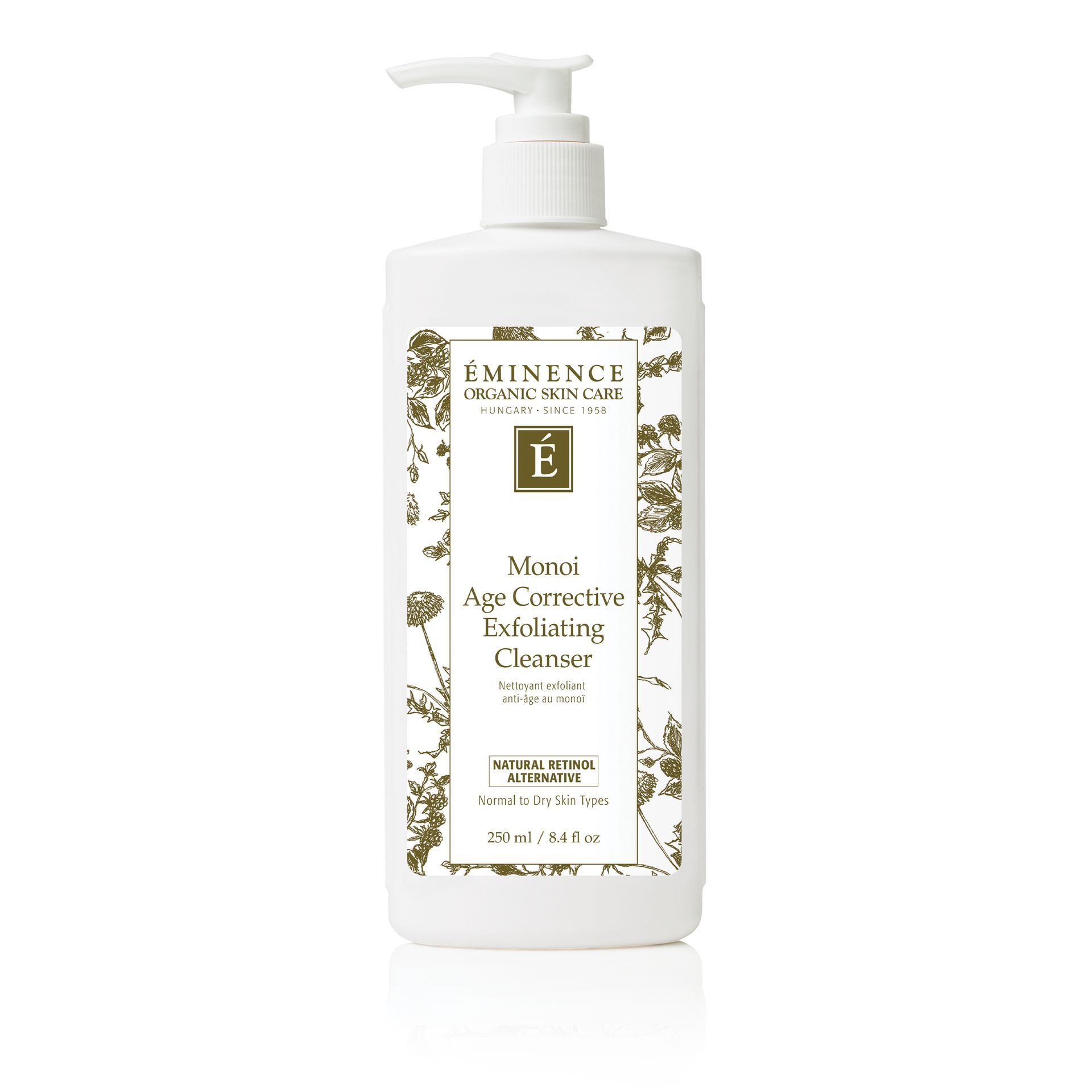 White bottle of Eminence Organic Skin Care cleanser, 