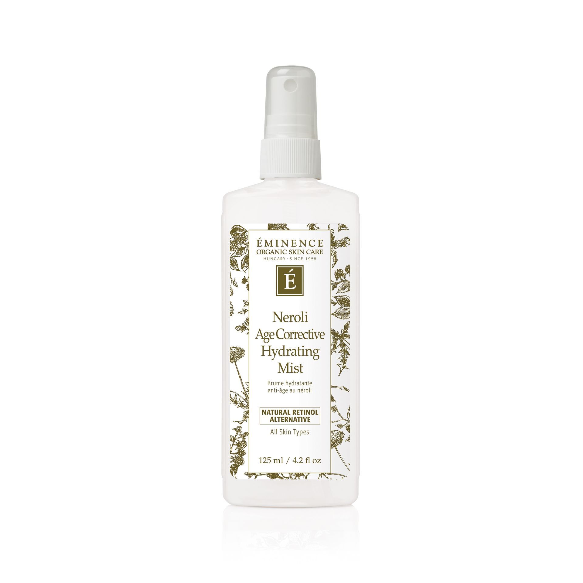 White bottle of Eminence Neroli Age Corrective Hydrating Mist.