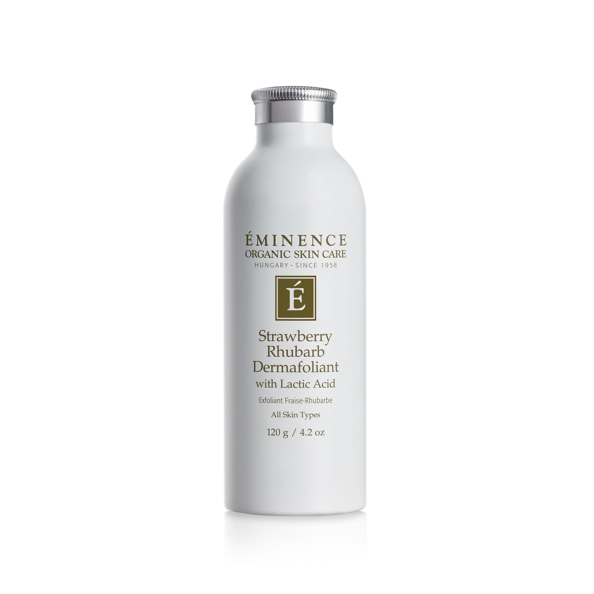 Eminence Strawberry Rhubarb Dermalfoliant bottle, white, with silver cap and label.