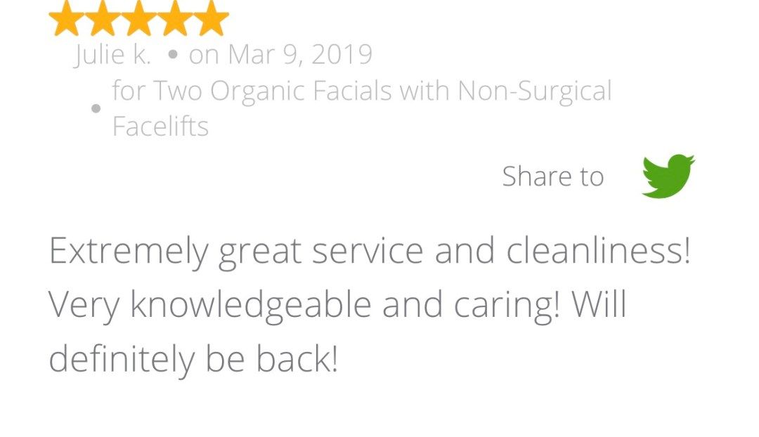 Customer review: Five stars, praising service, cleanliness, and knowledge.