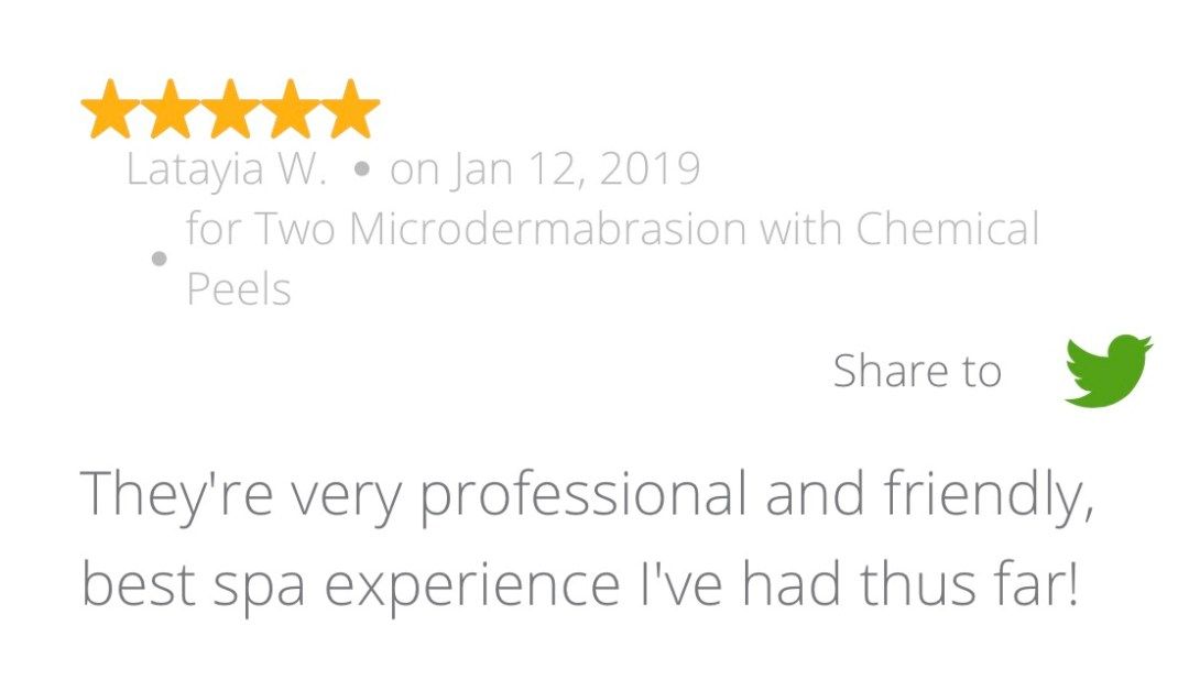Review with five-star rating and positive text about spa experience, sharing to Twitter.