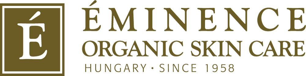 Éminence Organic Skin Care logo, olive green and white text, with the letter