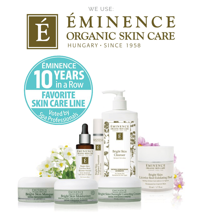 Eminence Organic Skin Care product advertisement with various bottles and jars; a circle displays