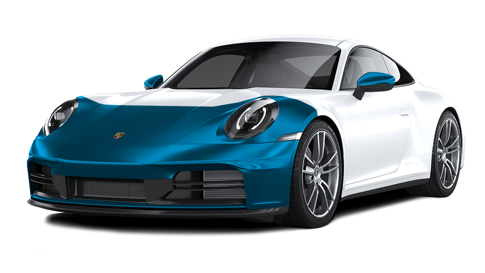A white porsche 911 with a blue hood and fender protector on a white background.