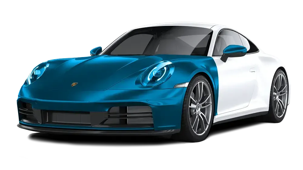 A blue and white porsche 911 is shown on a white background.