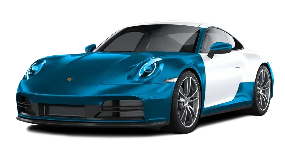 A blue and white porsche 911 is shown on a white background.