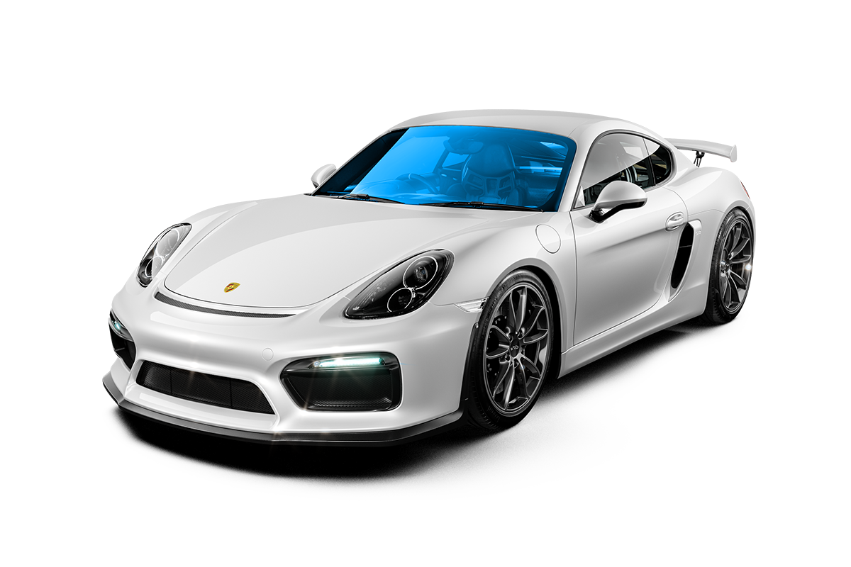 A white porsche 911 gt4 rs with a blue windshield on a white background.
