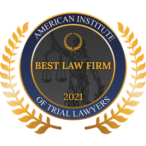 American Institute Best Law Firm 2021 gold laurel award seal on dark blue circle