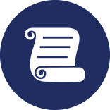 White scroll icon on a dark blue circle