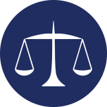 White scales of justice icon on a dark blue circle background