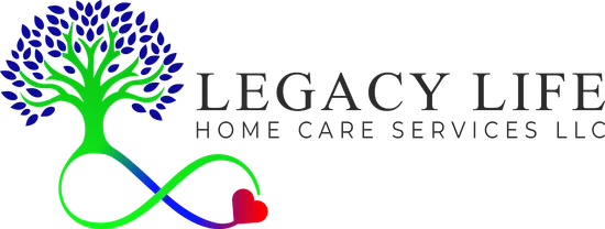 Logo of Legacy Life Home Care Services LLC; green tree with blue leaves and infinity symbol with a red heart.