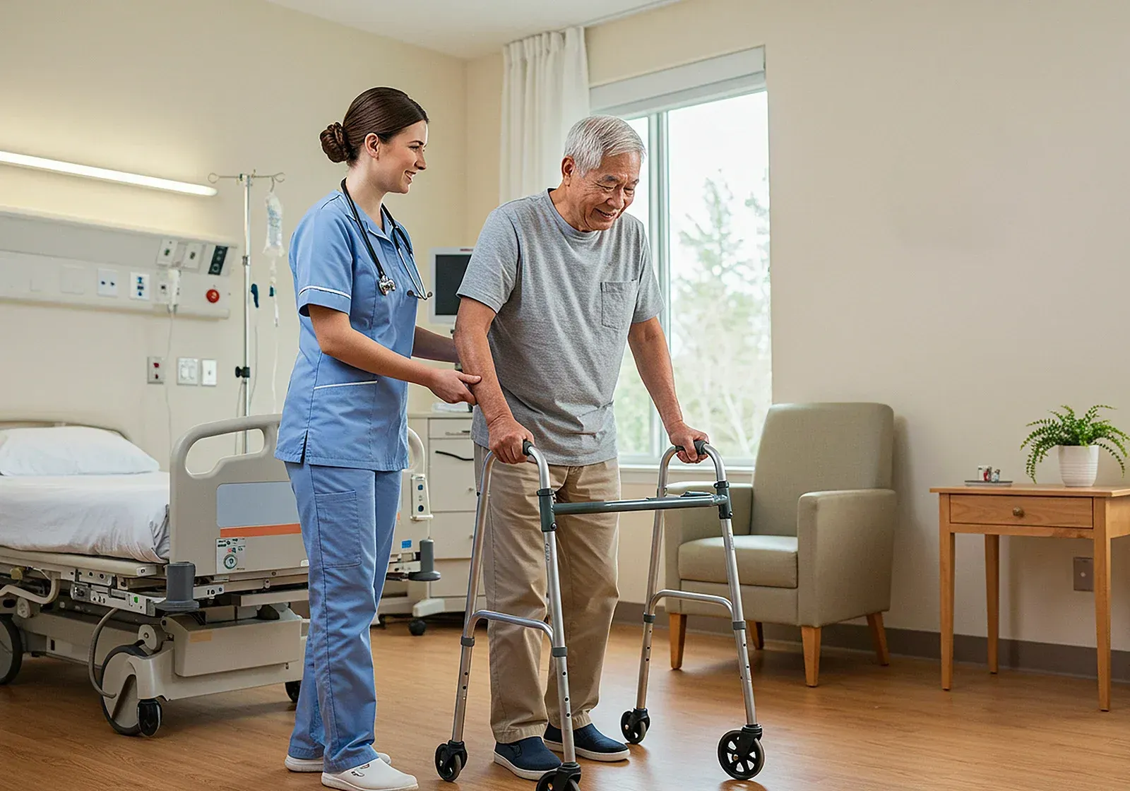 Woman holds hands with older woman, both smiling, sitting on a couch. Soft lighting.
