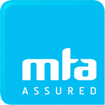 A blue and white logo for mta assured