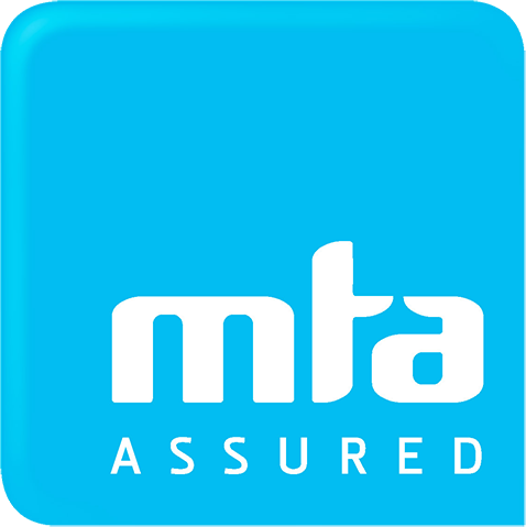 A blue and white logo for mta assured