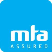 A blue and white logo for mta assured.
