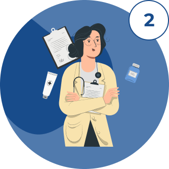Doctor with a stethoscope, clipboard, prescription, and ointment in a blue circle, with a “2”.