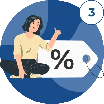Woman giving thumbs up next to a price tag with a percentage symbol, indicating a discount.