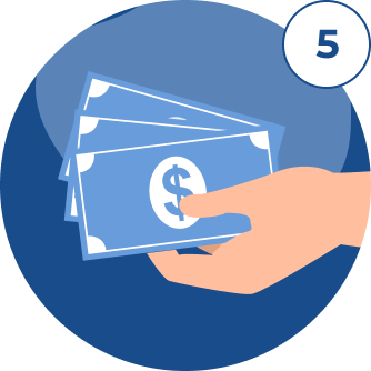 Hand holding three blue dollar bills, number 5 in a white circle.
