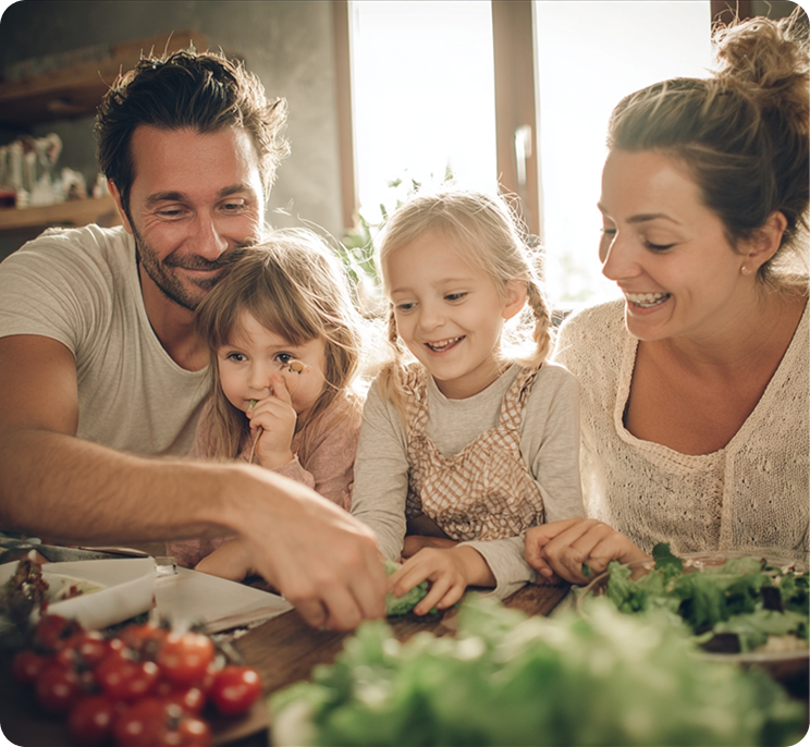 Family preparing a meal together: father, mother, and two young daughters smiling at the table with food.