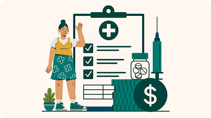 Woman with clipboard, pills, syringe, money and a plant, health related.
