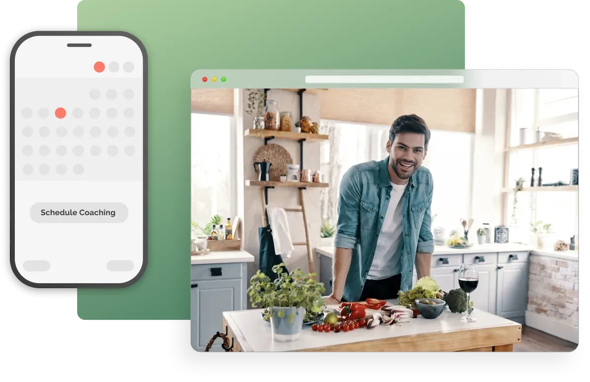 Man in kitchen cooking, smiling at the camera. A smartphone with a calendar is next to him.