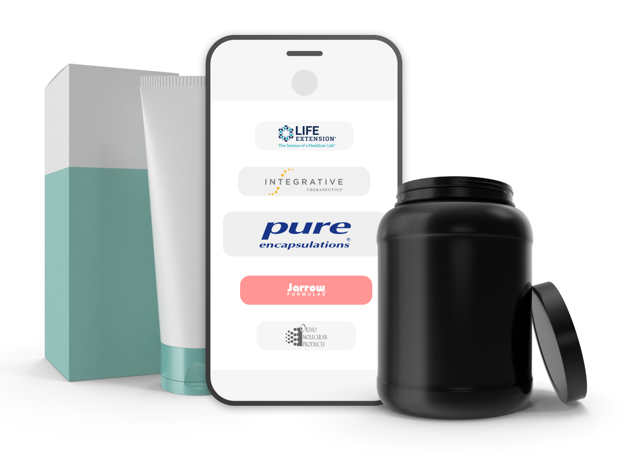 Phone displaying logos for health brands, with box, tube, and supplement jar.