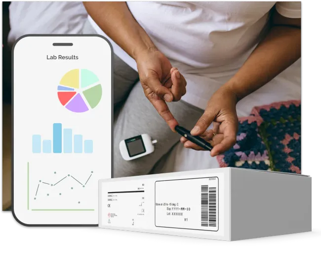 Person using a blood glucose monitor; smartphone with lab results displayed.