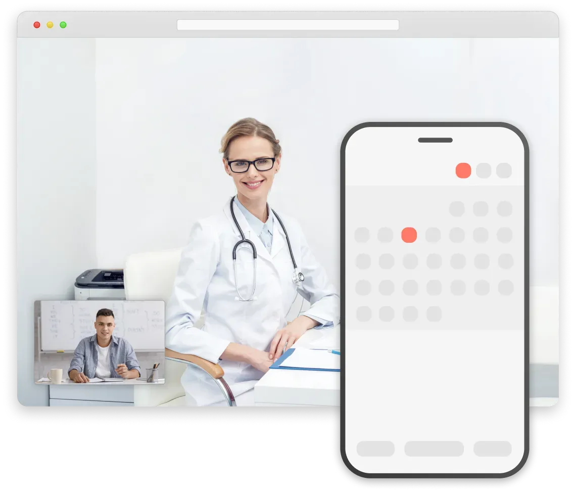 Telehealth appointment: Doctor smiles on screen with patient; calendar on phone.