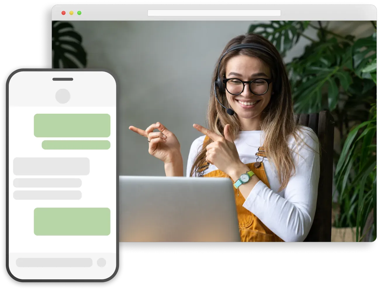 Woman with headset and glasses on video call, pointing. Smartphone with chat alongside.