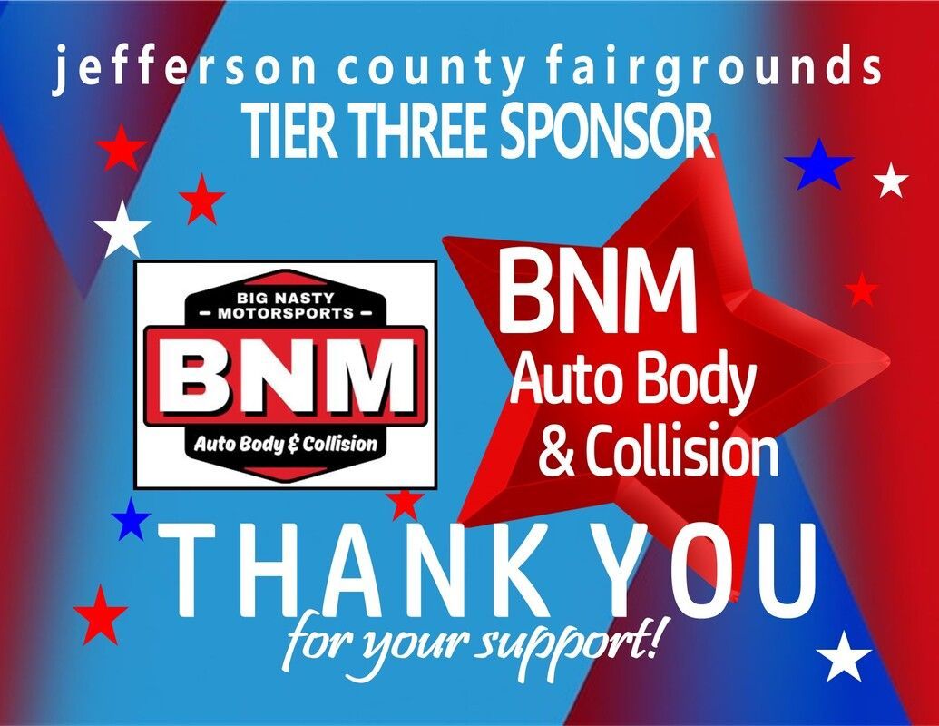 Jefferson County Fairgrounds Tier Three sponsor banner for BNM Auto Body & Collision, red and blue with stars
