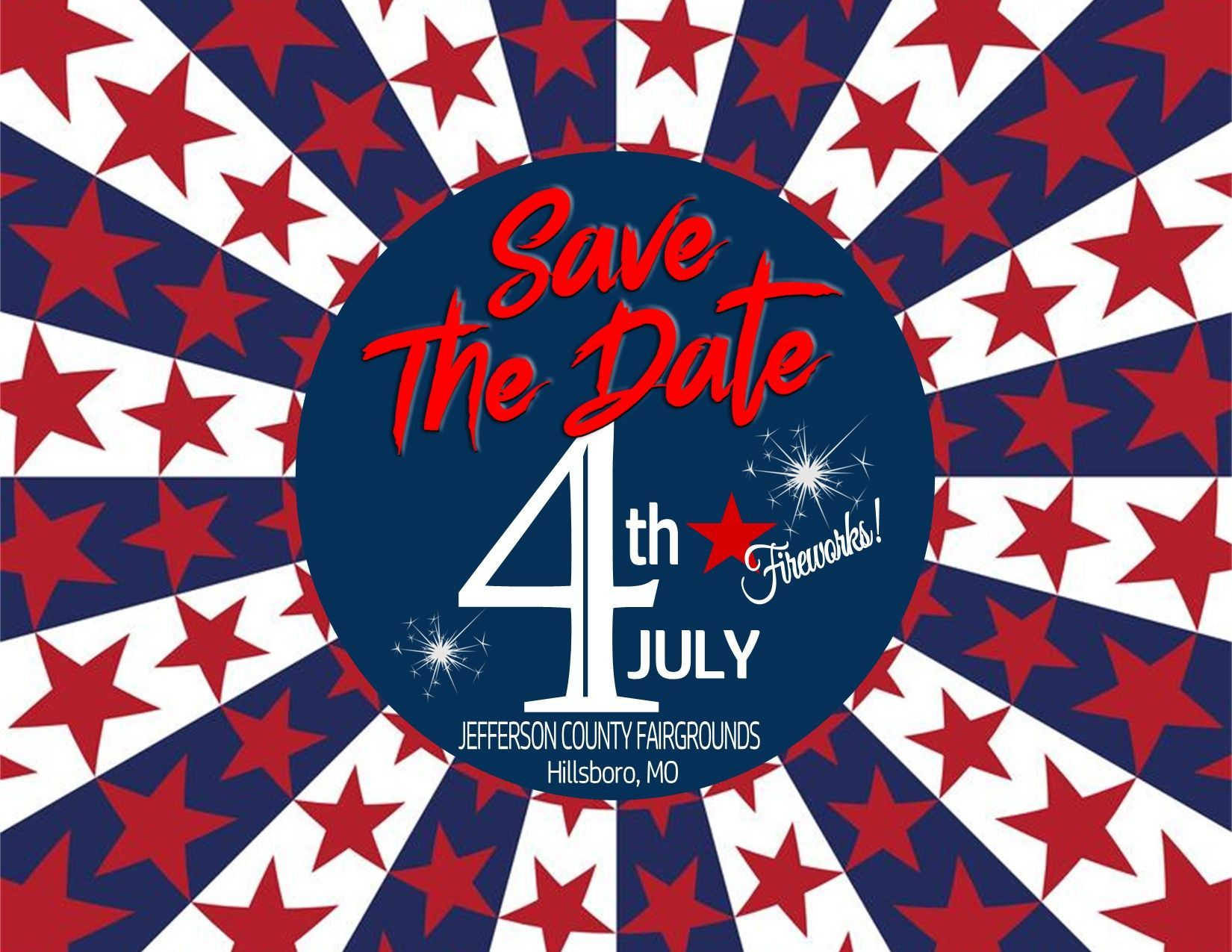 4th of July “Save the Date” graphic with red, white, and blue stars and fireworks-style background