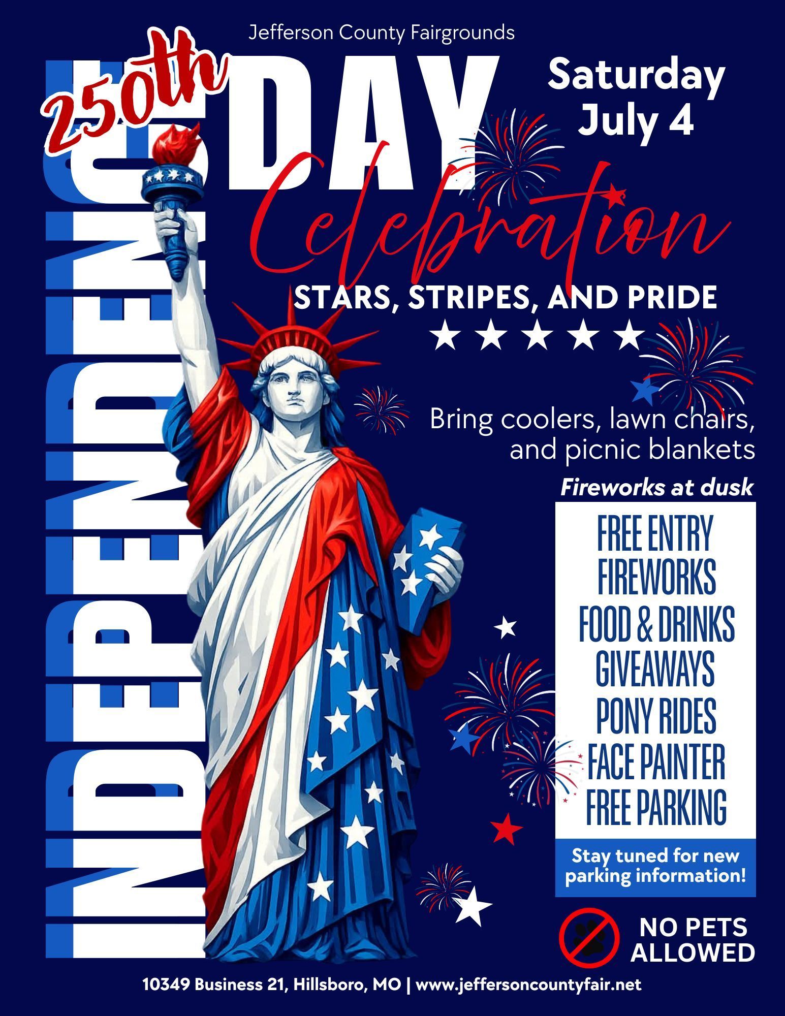 4th of July “Save the Date” graphic with red, white, and blue stars and fireworks-style background