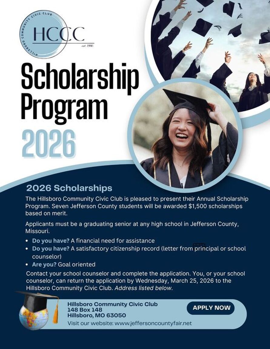 HCCC Scholarship Program 2026 poster with smiling graduate tossing caps and scholarship details